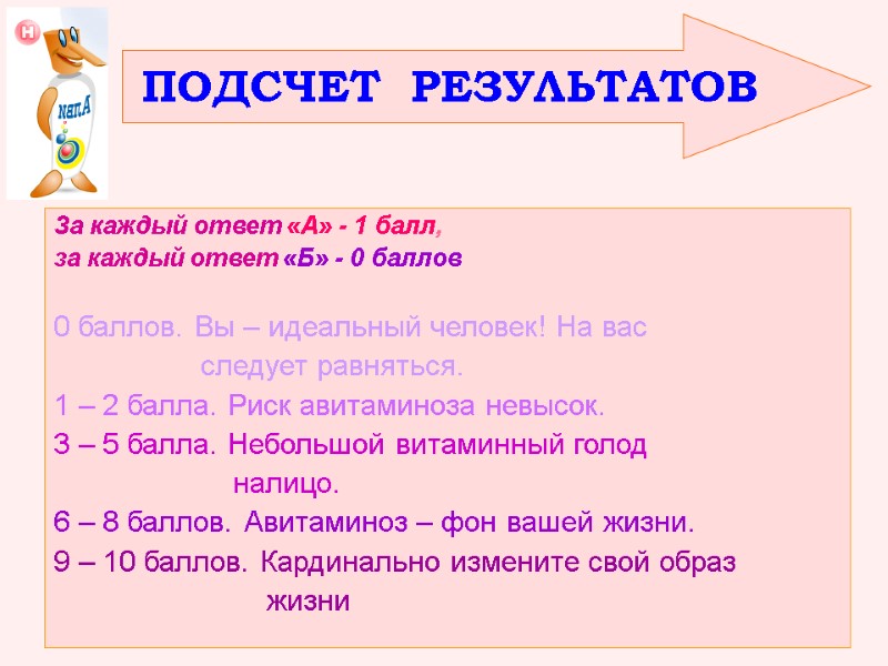 За каждый ответ «А» - 1 балл,  за каждый ответ «Б» - 0